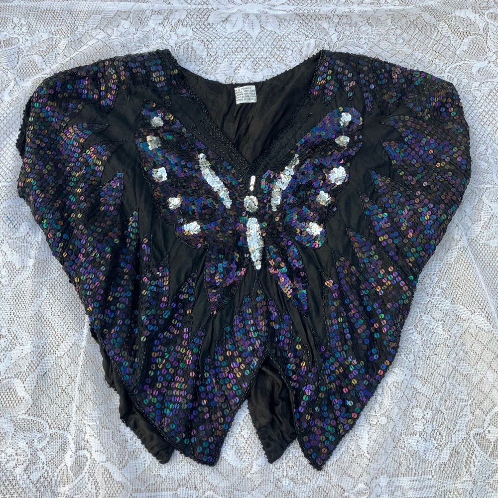 Black Silk Sequin Butterfly Capelet Top